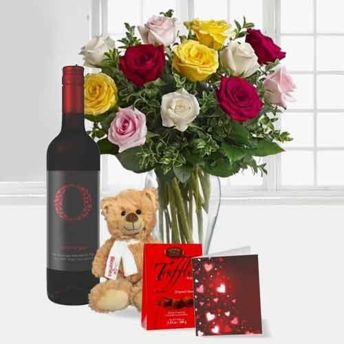 12 Mixed Rose with Teddy Chocolate Card and Red Wine