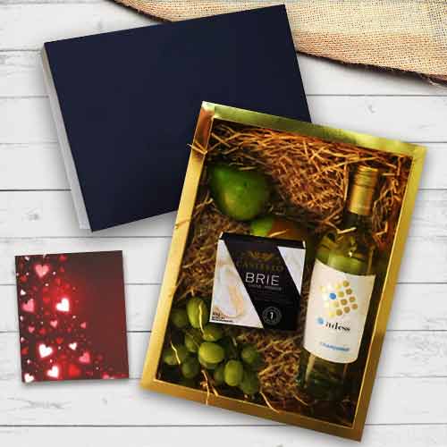 Elegant Gift Box of Fruits, Cheese and White Wine