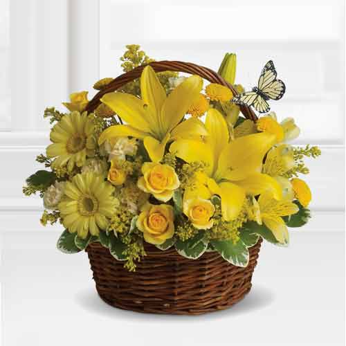 Basket Full of Assorted Yellow Flowers