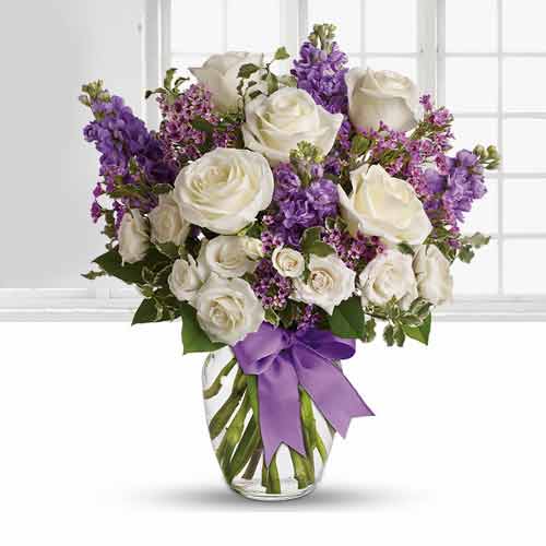 Bouquet of White Roses and Lavender Stocks