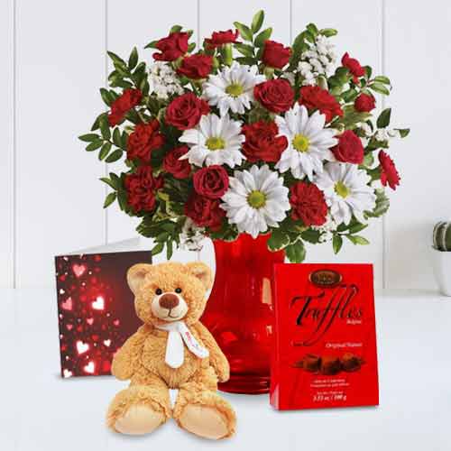 Rose, Carnation and Daisy Bouquet with Chocolate, Teddy and Card